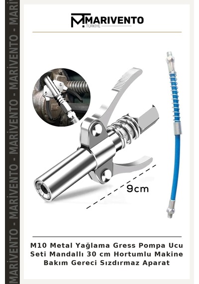 M10 Metal Yağlama Gress Pompa Ucu Seti Mandallı 30 Cm Hortumlu Makine Bakım Gereci Sızdırmaz Aparat
