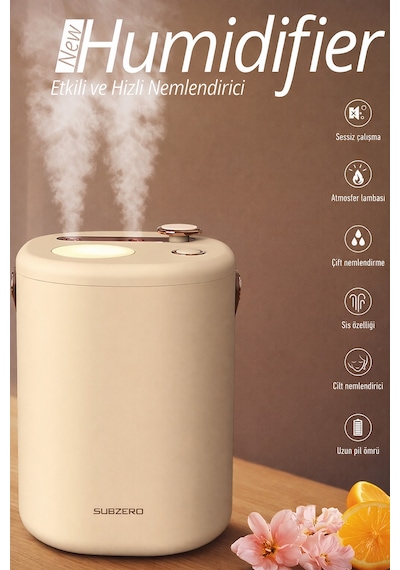 Exenar - Bej - Şarjlı Hava Nemlendirici 1,2 Litre Kablosuz Buhar Makinesi Led Işık Aroma Difüzörü Sesiz Nemlendirme