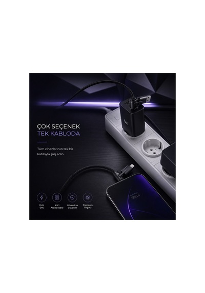 Bix Bx4ın1c 65w Usb-a & Type-c & Lightning Çok Fonksiyonlu Örgülü Şarj Ve Data Kablosu 1.2 Metre Siy