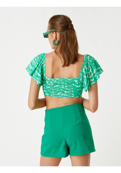 Koton Crop Bluz Büzgü Detaylı Yeşil Desenli 2sak60234pw 2SAK60234PW02F Yeşil