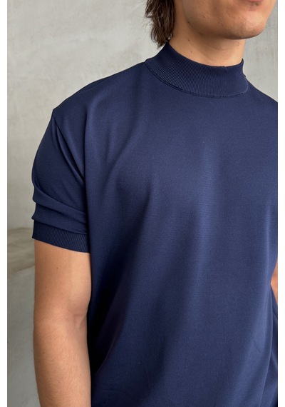 Erkek Oversize Yarım Balıkçı Triko T-shirt Lacivert