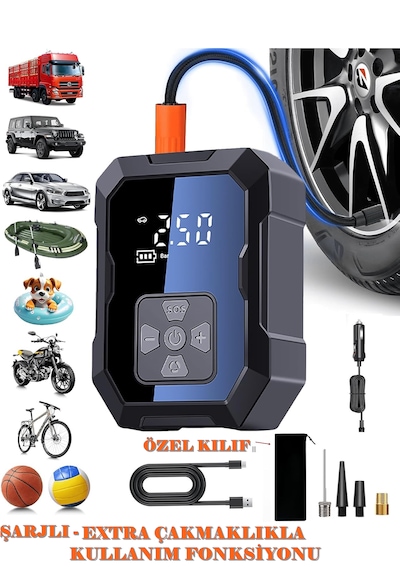 H-9293 Akıllı 4000mah Şarjlı Hava Pompası Kompresörü 150psi Araç Lastik, Bisiklet, Top Şişirme Oto Hava Kompresörü Digital