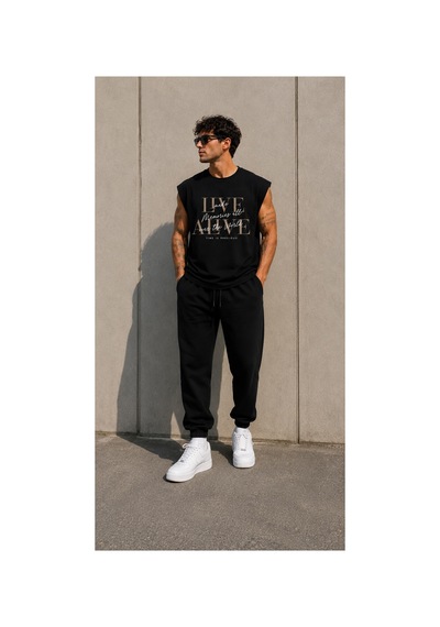 Herkesemoda Lııve Alıve Baskı Detaylı Sıfır Kol Bisiklet Yaka T-shirt Siyah