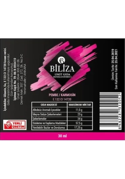 Biliza Sıvı Gıda Boyası Pembe 30 ML