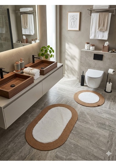Rabbit Soft Hasır Dekoratif Klozet Takımı / Banyo Paspası / Modern / Şık /lüx / Banyo Halısı Hasır - Krem