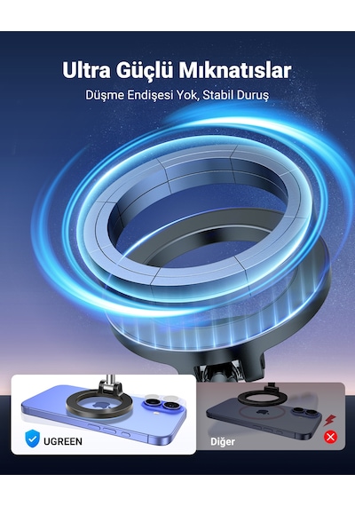 Ugreen Magsafe Uçak Telefon Tutucu, Magsafe Uyumlu, 360 Dönebilen, Eller Serbest Seyahat Telefon Standı, 45377 Siyah