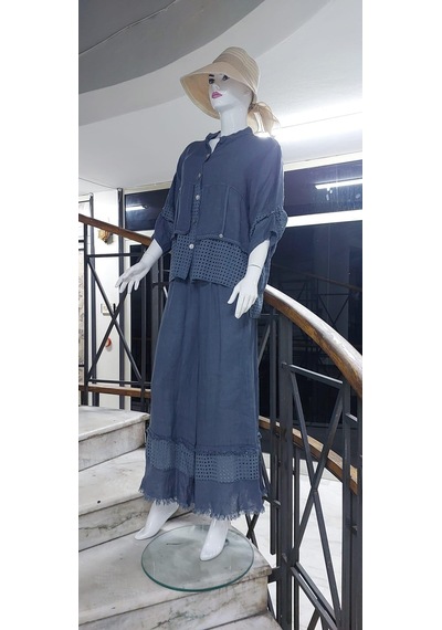 Bohem Stil İtalyan Fisto Detaylı Keten Pantolon Ceket Takım-9196 Gri