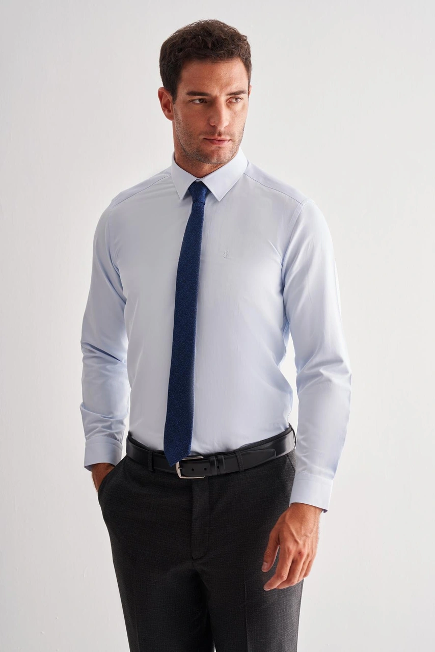 İmza Mavi Sert Yaka Uzun Kol Slim Fit Pamuklu Gömlek 1004255175 Mavi