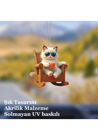 Araba Ayna Süsü, Araba Süsü, Çanta Aksesuarı - Keyifli Kedi - Pleksi Malzeme, Uv Baskılı - 008 8x6 Cm