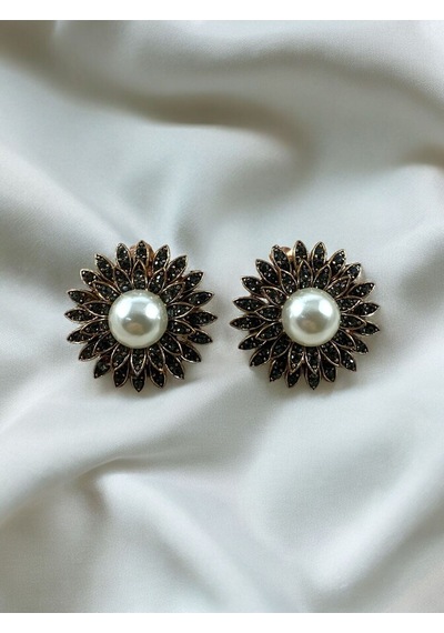 Black Diamond Swarovski Taşlı İnci Çiçek Küpe Gri