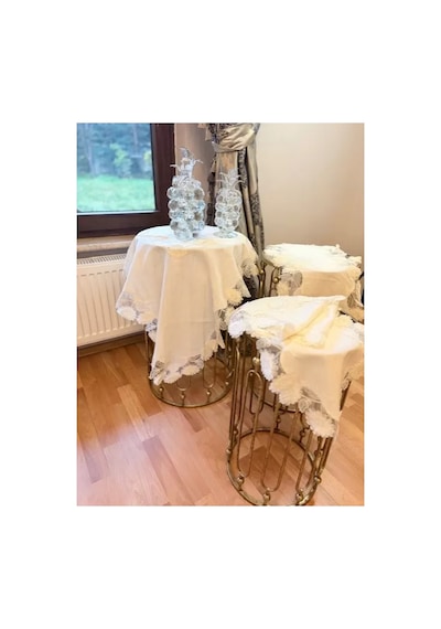Krem Çeyizlik Flowers Model 5 Parça Keten Dantelli Salon Takımı Runner Seti Bzckh599 Çok Renkli