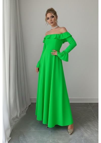 Defymoda Kadın Modern Kesim Fırfır Detaylı Elbise Yeşil