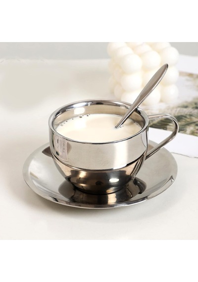 4 Paket Paslanmaz Çelik Kahve Fincanı Seti, Kaşık Ve Tabaklı 6 Oz Kahve Kupaları, Çift Duvarlı Espresso Kupalar Diğer