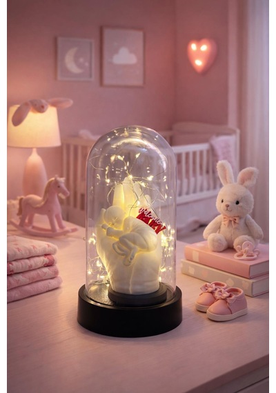 Fanus İçinde Bebek, El Figürü Ve Welcome Baby Yazı Detayı İle Peri Led Dekor Yeni Doğan Hediyesi Beyaz