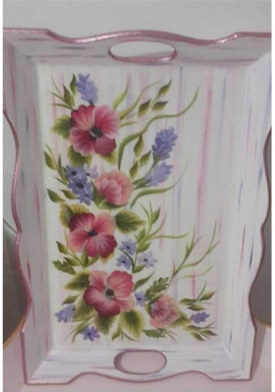 Dekoratif One Stroke El Boyaması Ahşap Çay Tepsisi, 37x32cm, Çok Renkli