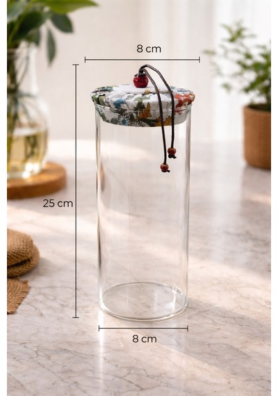 Makri Home 1000 Ml Borosilikat Cam Hava Geçirmez Beyaz Kumaş Kaplama Bambu Kapaklı Kavanoz,çap:8 Cm, H:25 Cm Beyaz