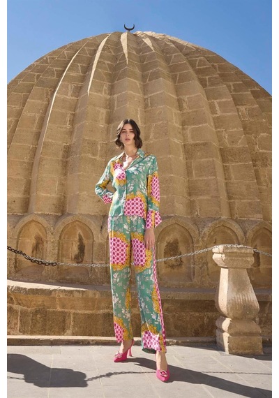 Monamise Kadın Çiçek Ve Yaprak Desenli Pijama Takımı 23001 Çok renkli