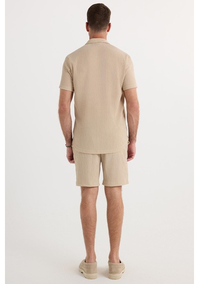 Tudors Erkek Slim Fit Dar Kesim Apaş Yaka Beli Bağcıklı Bej Gömlek Şort Takım-37574 Bej