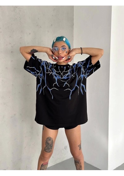 Unisex Yıldırım Baskılı T-shirt - Siyah