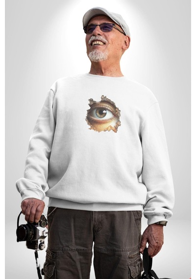 Duvardan Biri Bizi Gözetliyor Unisex Beyaz Baskılı Sweatshirt Beyaz