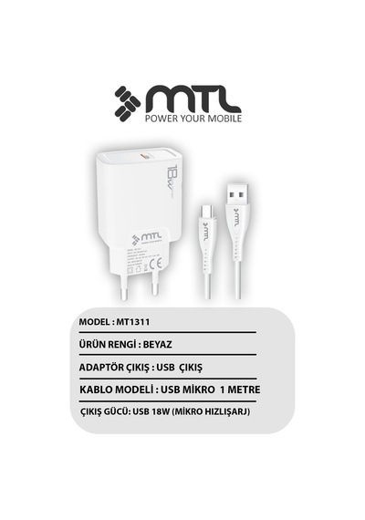 18w Qc 3.0 Destekli Hızlı Şarj Usb Adaptör + Micro Usb Kablo Şarj Cihazı Seti Mt1311