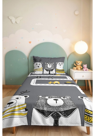 Evimde Bambaşka Ayı Ve Araba Çocuk Odası Tek Kişilik Pike Takımı - Sarı İskandinav 160x220  CM Kapitone Yatak Örtüsü