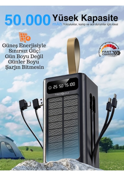 50.000 Mah Powerbank Güneş Enerjili Solar Hızlı Şarj Göstergeli Kablolu Taşınabilir Batarya 22.5w Siyah