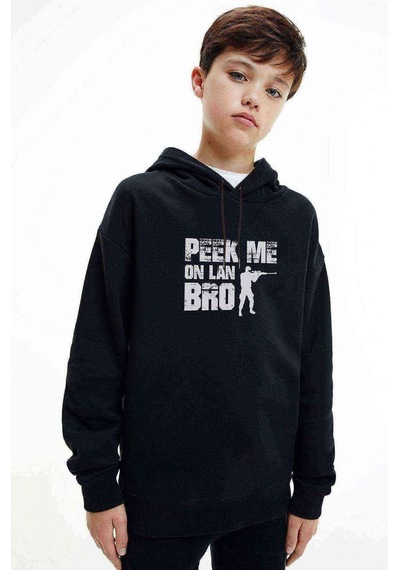 Tshirthane Pubg Peek Me On Lan Bro Baskılı Unisex Çocuk Kapüşonlu Sweat (528609260) Siyah