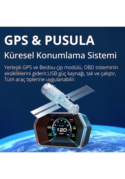 OBD + OBD 2 + GPS Çift Modlu Araç HUD LCD Ekranlı Akıllı Gösterge ve Arıza Tespit Cihazı + Koku