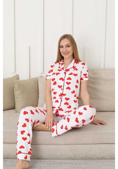 Monox Kadın Önden Düğmeli Kısa Kol Likralı Kalp Baskılı Pijama Takımı Beyaz