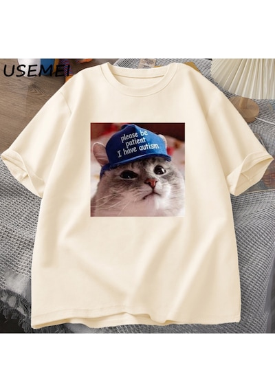 Flood Of Style Lütfen Sabırlı Olun Ben Otizm Kedi Grafik T Shirt Erkek T-shirt Adam Giysileri Kısa Kollu Pam Haki