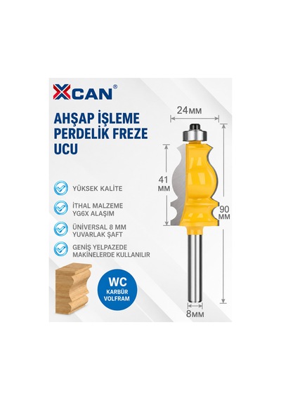 Dekoratif Kenar Profil Freze Ucu Rulmanlı 8x24x41x90 Mm
