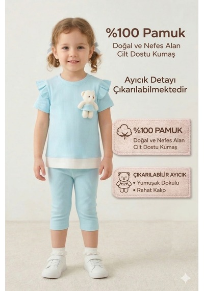 Harika Kids Kız Bebek Ayıcıklı Yazlık Alt Üst Takım %100 Pamuk Penye 1-3 Yaş Mavi