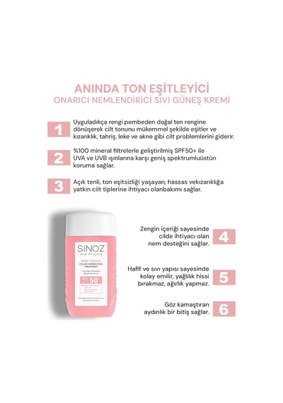 Sinoz Pink Touch Anında Ton Eşitleyici Leke Karşıtı Spf50+ Pembe Sıvı Yüz Güneş Kremi Pa++++ 50ml Sku: Smg8690010407160 Açık Bej