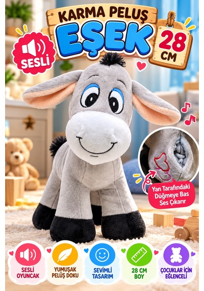 Karma Peluş Eşek Sesli Oyuncak 28 Cm Yumuşak Dolgulu Sevimli Çocuk Oyun Arkadaşı Peluş Oyuncak Model Gri