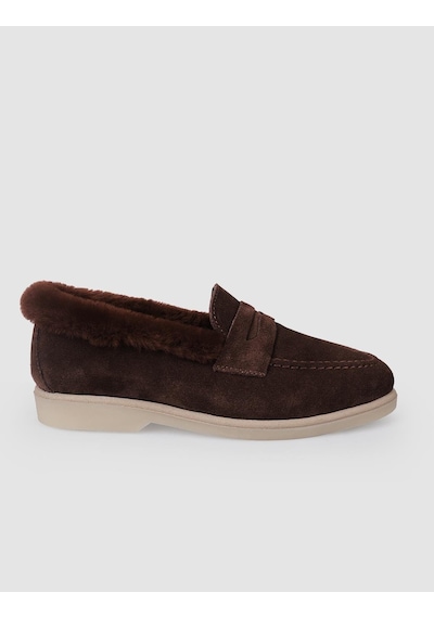 Hakiki Deri Kahverengi Süet Kürklü Kadın Loafer Kahverengi