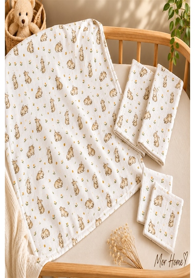 More Home Çok Amaçlı Müslin Bez Battaniye Set 5 Parça Tavşanlı Bej