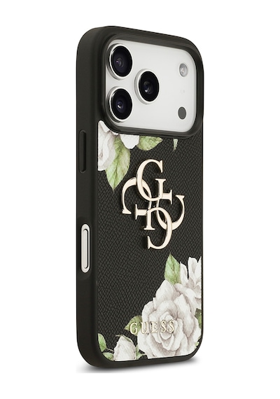 Apple Uyumlu iPhone 17 Pro Kılıf Guess Lisanslı Gül Baskılı Büyük Metal Logo Dizaynlı Kapak Siyah Siyah