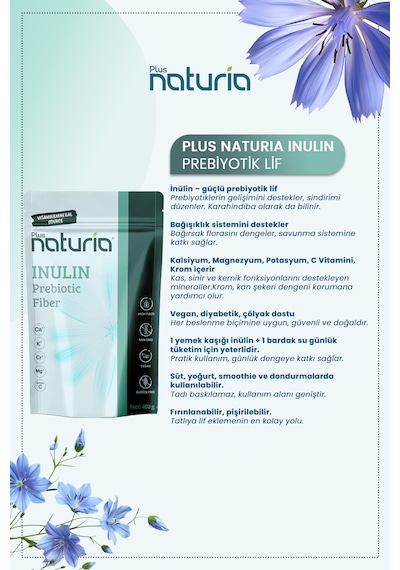 Plus Naturia İnülin Prebiyotik Lif Vegan, Glutensiz, C Vitamini Takviyeli 400g