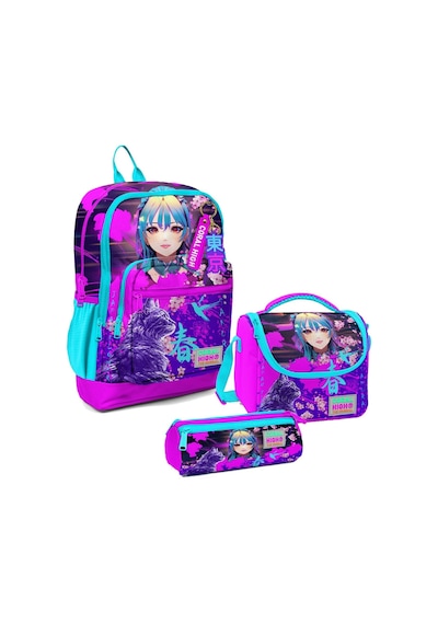 Coral High Kız Çocuk Üçlü İlkokul Okul Çanta Seti - Mor Pembe Anime Kedi