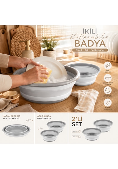 Porsima Et-00111 Çok Amaçlı Katlanır Badya Akordiyon Leğen Katlanabilir Organizer Düzenleyici 9lt - 5lt Beyaz - Gri