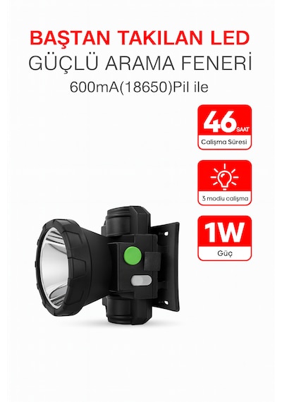 Başa Takılan Led Güçlü Arama Feneri 46 Saat Çalışma Süresi 3 Mod
