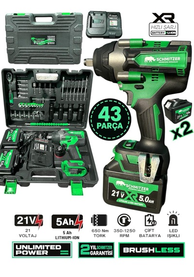 Schmıtzer Sch-9502y Pro 21v 15 Pilli Çift Akülü Kömürsüz Darbeli Vidalama 650 Nm Somun Sıkma Sökme Matkap