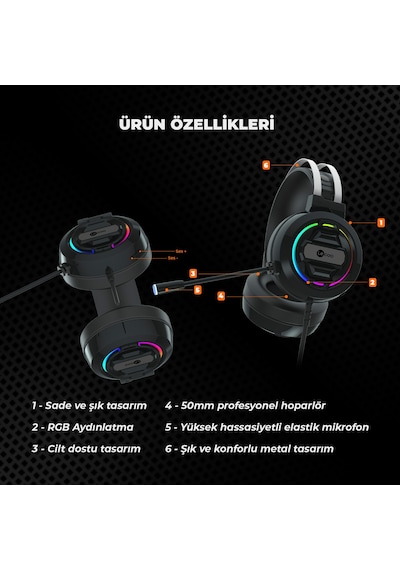 Lecoo HT401 3.5MM Jack+ USB Kulak Üstü RGB LED Aydınlatmalı Kablolu Gaming Kulaklık