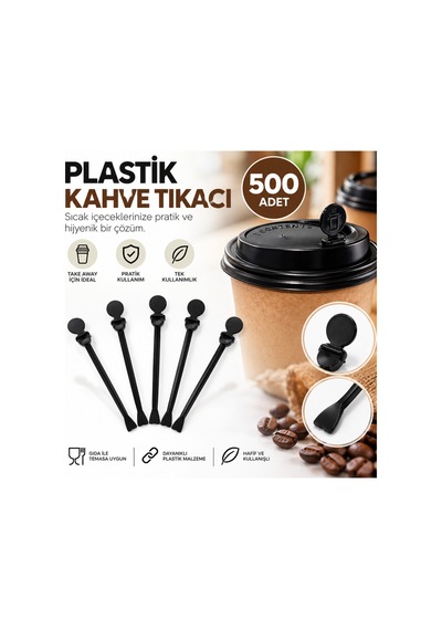 Plastik Kahve Tıkacı Siyah 500 Adet Tek Kullanımlık Kahve Bardağı Tıkacı - 920879287