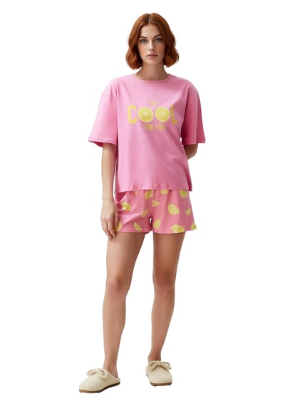 Ersefa Kadın Limon Desenli Bisiklet Yaka Kısa Kollu Pijama Takımı Fonksi Pembe