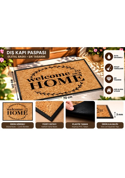 Welcome Home Dış Kapı Paspası Dijital Baskılı Kaymaz Pvc Plastik Tabanlı Kapı Önü Paspası Açık Kahve
