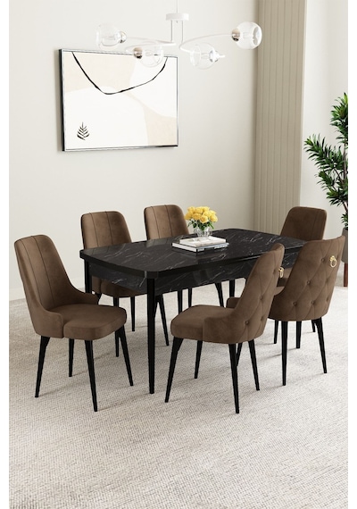 Clara Siyah Mermer Desen 80x132 Açılabilir Mdf Masa Yemek Odası Takımı,mutfak Takımı 6 Adet Sandalye Kahverengi Clara Siyah Mermer Desen 80x132 Açılabilir Mdf Masa Yemek Odası Takımı,mutfak Takımı 6 Adet Sandalye Kahverengi