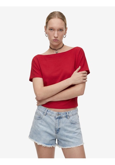 Koton Modal Karışımlı Slim Fit Yarasa Kol Kayık Yaka Tişört Kırmızı 6sal10989ık