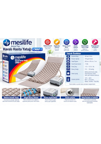 Mesilife Cwap-1 Balon Tipi Havalı Hasta Yatağı 200x90 Cm Basıncı Ayarlanabilir Motor 150 Kg
